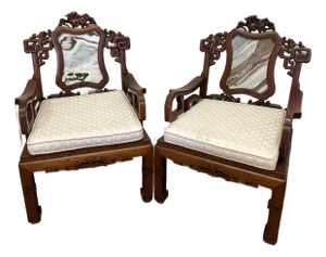 Vintage Chinese Carved Rosewood Armchairs With Dali Marble Panels - A Pair