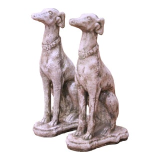Pair of Vintage French Outdoor Weathered Carved Stone Greyhound Dog Sculptures For Sale