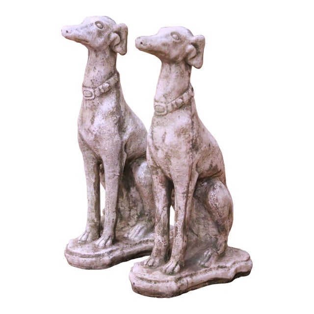 Pair of Vintage French Outdoor Weathered Carved Stone Greyhound Dog Sculptures For Sale