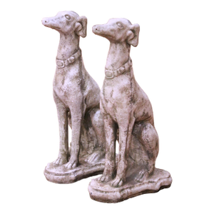 Pair of Vintage French Outdoor Weathered Carved Stone Greyhound Dog Sculptures