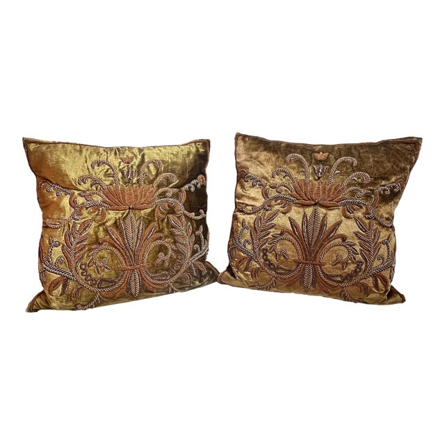 John-Richard Metallic Bullion Emboidered Brown Velvet Throw Pillows - Pair For Sale