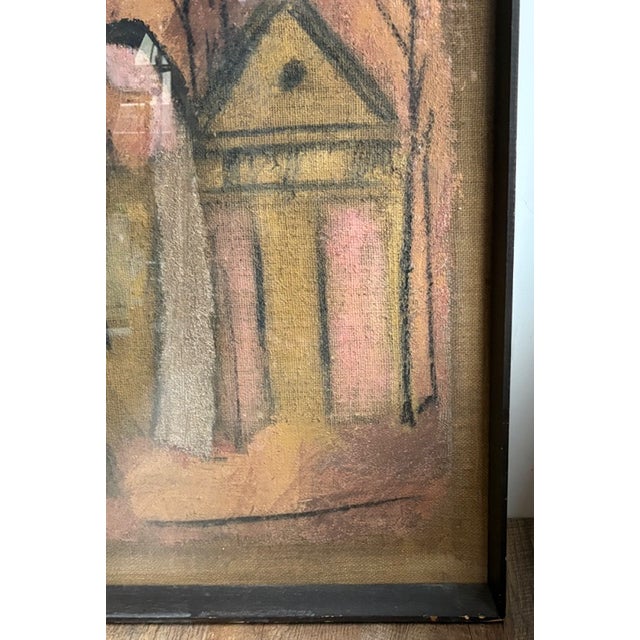 Wood Original Mid Century Salvatore Emblema Painting on Jute - Two Figures and a Building, Signed For Sale - Image 7 of 8