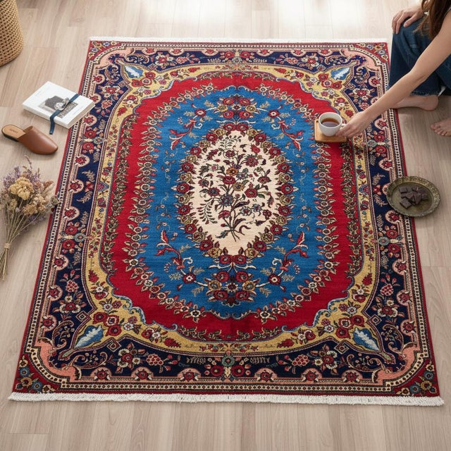 Persian Vintage Persian Kerman Rug – Floral Oval Design, Red, Blue & Gold Accents 8'6 X 11'1 Ft For Sale - Image 3 of 6