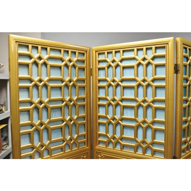 Chinoiserie Vintage Chinoiserie Lattice Fretwork 4 Panel Gold Folding Screen Room Divider For Sale - Image 3 of 18