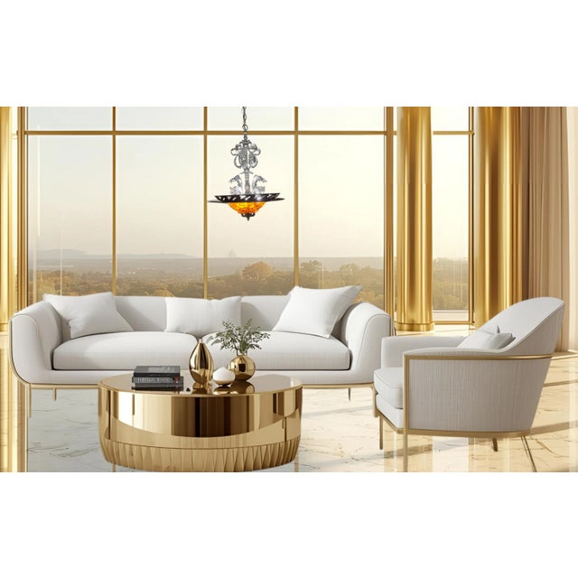 Art Deco Chrome Tone Scroll Metal 3 Light Chandelier With Tortoise Shell Murano Style Asymmetrical Glass Shade For Sale - Image 3 of 18