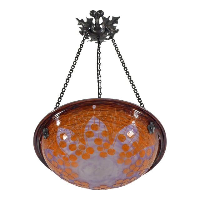 French Art Deco Pendant Light by Le Verre Francais Schneider - 1925 Cameo Chandelier France For Sale