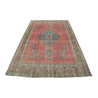 Tabriz Rug 9’5” X 12’5” Pink Wool Vintage Distressed Hand-Knotted Carpet For Sale