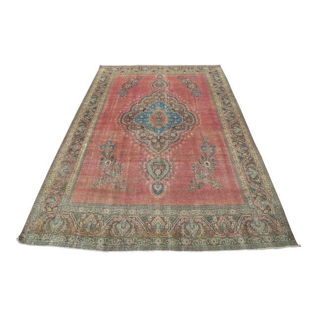 Tabriz Rug 9’5” X 12’5” Pink Wool Vintage Distressed Hand-Knotted Carpet For Sale