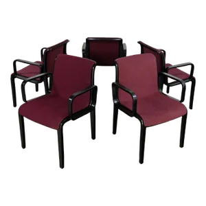 Vintage MCM Bentwood 1300 Series Dining Chairs Maroon Fabric & Black Frames by Bill Stephens for Knoll Set of 5