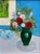 Oil painting on canvas board with zinnias, morning glories, roses, daisies and lupines in an emerald green vase, against a...
