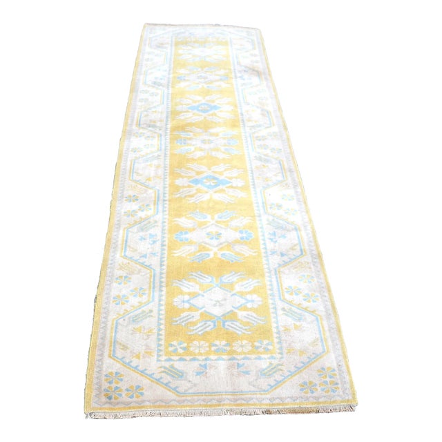 1960s Floral Design Beige-Yellow Handmade Runner Rug For Sale