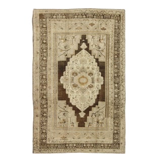 Floral Medallion Turkey Oushak Vintage Rug in Ivory, Taupe, Brown and Olive 6′1″ × 9′6″ For Sale