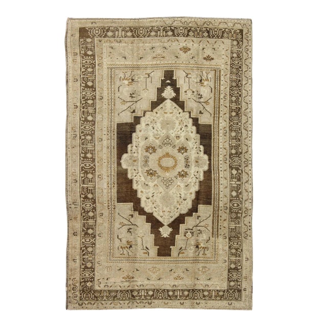 Floral Medallion Turkey Oushak Vintage Rug in Ivory, Taupe, Brown and Olive 6′1″ × 9′6″ For Sale