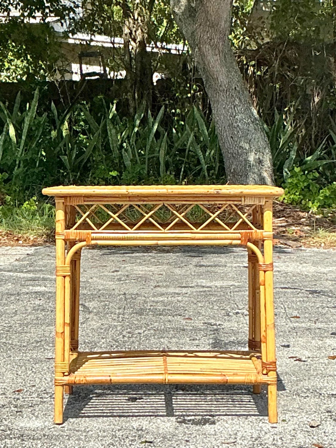 Vintage Coastal Woven Rattan Side Table - Side view