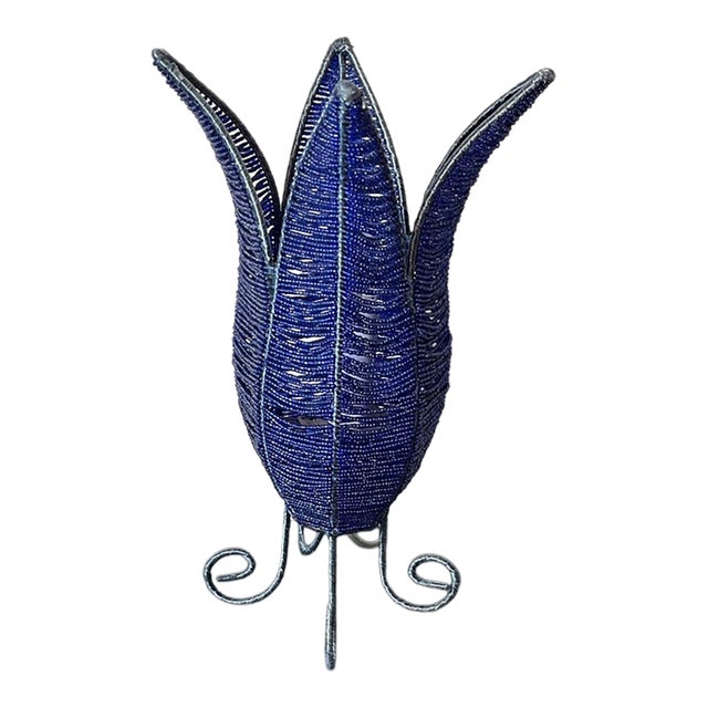 Vintage Royal Blue Beaded Tulip Metal Scroll Frame Lamp For Sale