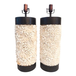 Coastal Cylindrical Seashell Floral Pattern Dark Wood Base Table Lamps- a Pair For Sale