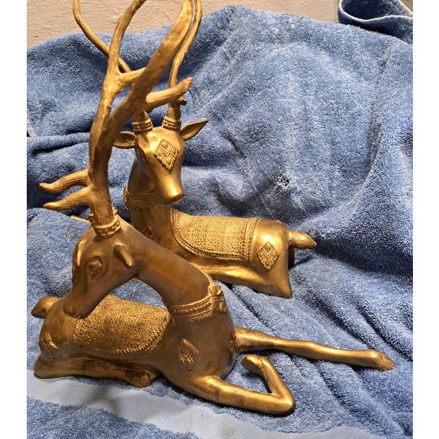 1960s Hollywood Regency 2 Brass Ornate Large Deer Statues Figurines For Sale - Image 5 of 12