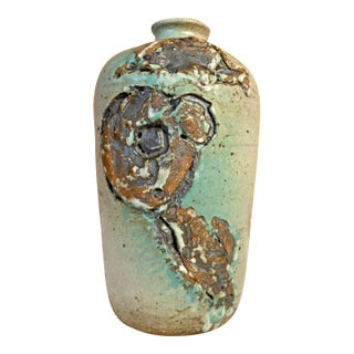 20th C. MCM Brutalist Pale Green Floral Ceramic Studio Vase, Signed For Sale