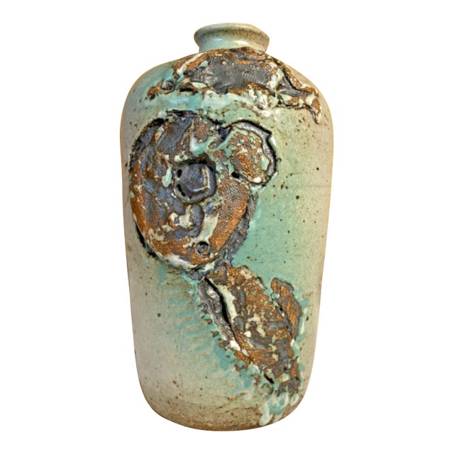 20th C. MCM Brutalist Pale Green Floral Ceramic Studio Vase, Signed For Sale