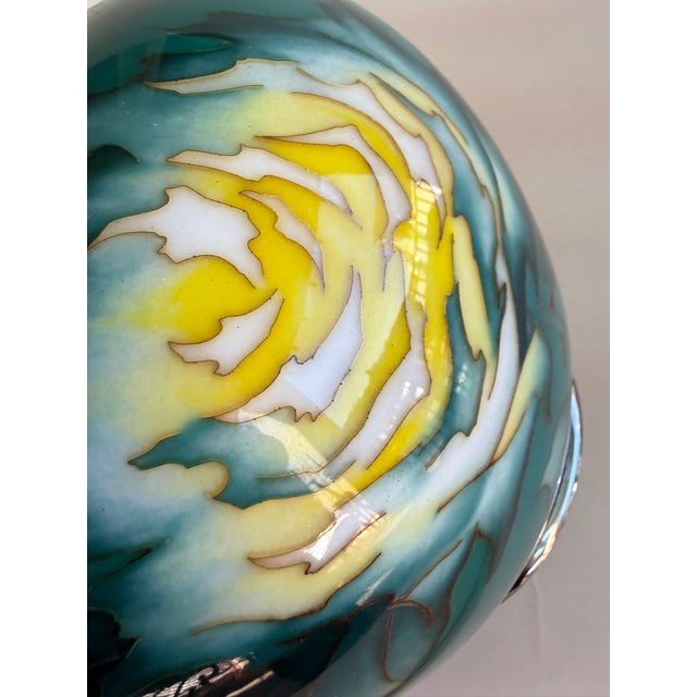Mid 20th Century Ando Cloissone Vase Teal & Yellow Chrysanthemum For Sale - Image 9 of 10
