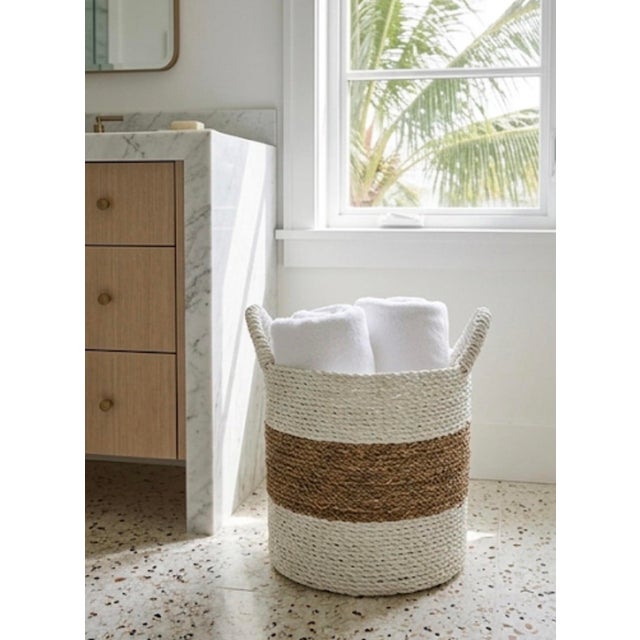Vintage Woven Seagrass & Cotton Rope Floor Basket For Sale - Image 9 of 12