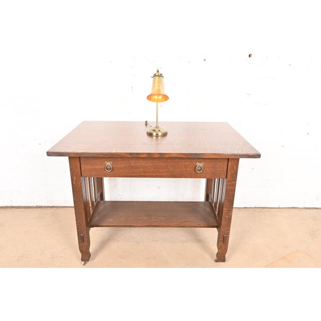 Art Deco Brass Desk Lamp With Quezal Favrile Art Glass Shade For Sale - Image 13 of 15