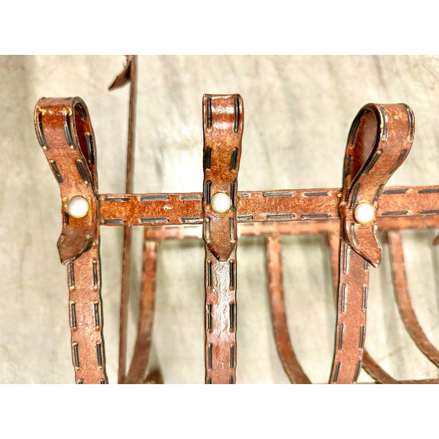 Brown 1960s Faux Equestrian Leather Belt, Iron Magazine Rack For Sale - Image 8 of 12