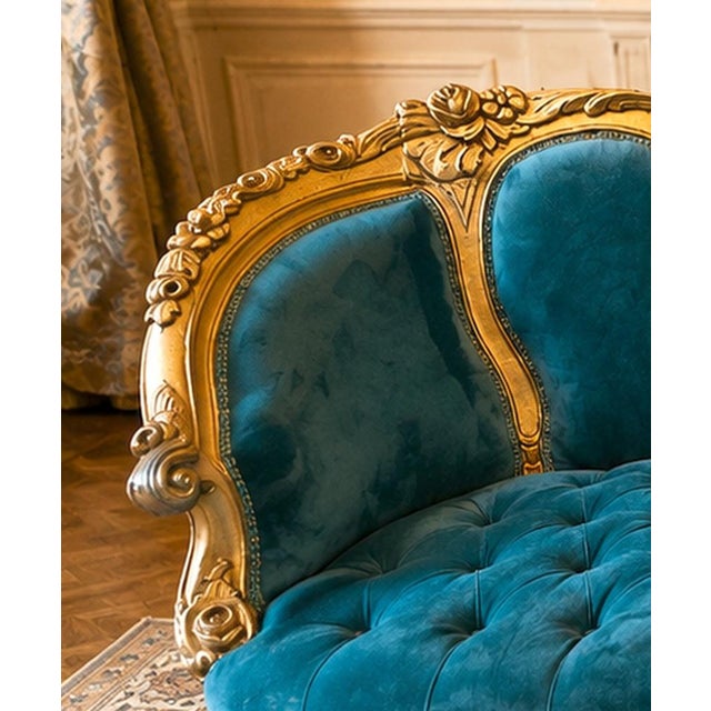 1900s French Louis XVI Blue/Green/Teal Velvet Sofa Set-5 Pc For Sale - Image 17 of 18