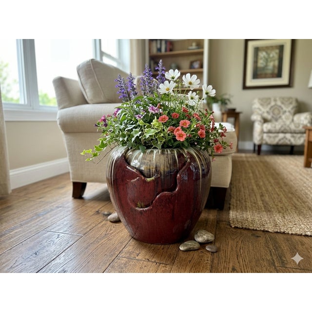 Ceramic Ceramic Oxblood Red White Drip Marks Round Fountain Pot Display For Sale - Image 7 of 11