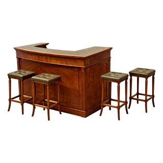 English Club Style Architectural Corner Bar Counter with Stools in Mahogany and Leather, 1970s, Set of 5 For Sale