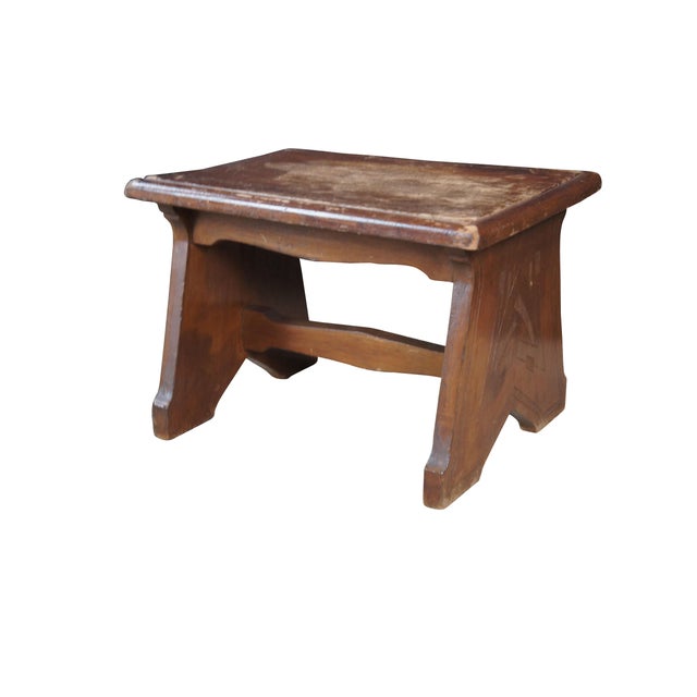 Antique mahogany foot stool / ottoman featuring Gothic Revival and Art Deco styling. Dimensions: 10.5"h x 10.5" x 15"