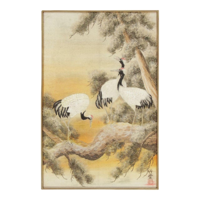 Antique Japanese Tapestry With Cranes in Natural Landscape - Rug & Kilim For Sale