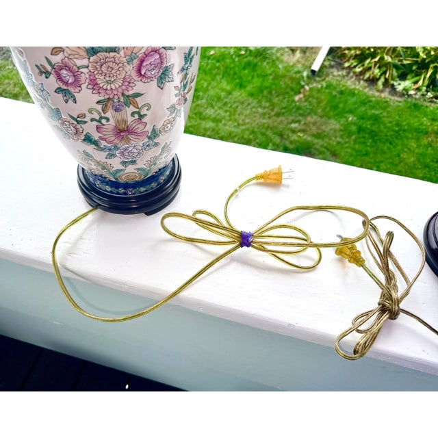 Vintage 1950s Chinoiserie-Style Porcelain Floral Table Lamps - A Pair For Sale - Image 11 of 13