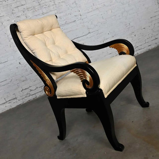 Wood Late 20th Century Neoclassic Revival Black Side Chair With Gilt Wing Accents & Off-White Fabric For Sale - Image 7 of 13
