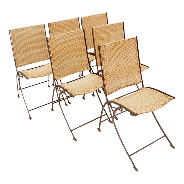 Mid-Century French Folding Chairs in Wicker and Iron, 1960s, Set of 6 For Sale