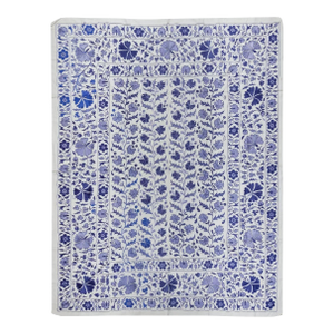6.4x8.4 ft Crochet Suzani Wall Hanging, Silk Embroidery Bed Cover in Cream, Blue