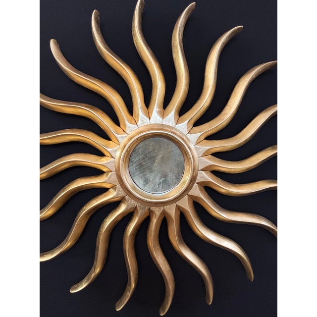Art Nouveau Sunburst Mirror, Hand-Carved Giltwood, Gold Leaf, Spain, 120 Cm For Sale - Image 4 of 4