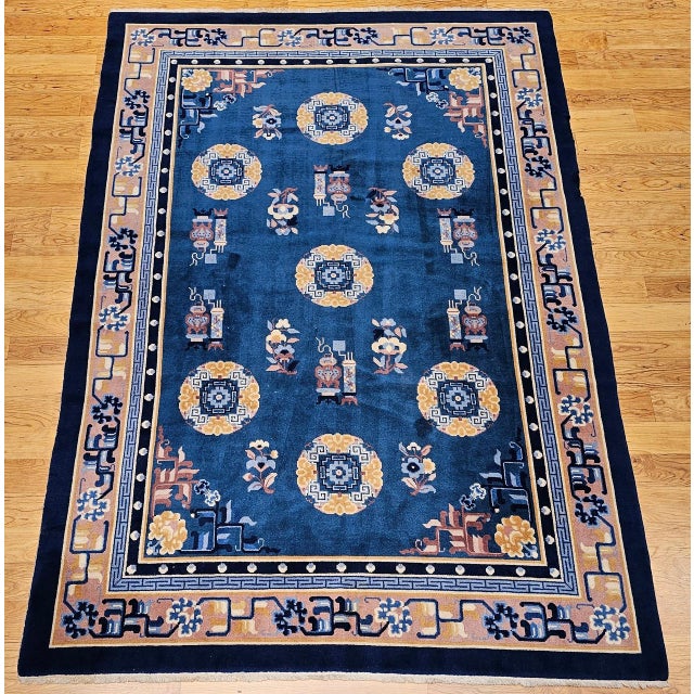 A beautiful mid-20th century Art Deco Chinese rug featuring a serene French blue background of calm, sky-like depth,...