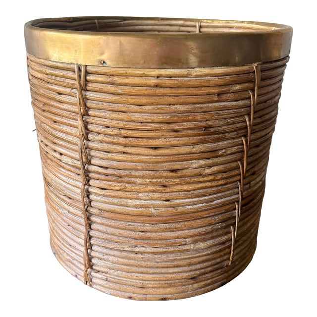 Large Vintage Pencil Reed Rattan Planter With Brass Rim, Italian Riviera Style For Sale