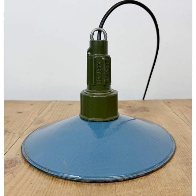 Industrial Blue Enamel Military Pendant Lamp with Cast Aluminium Top, 1960s For Sale - Image 15 of 17