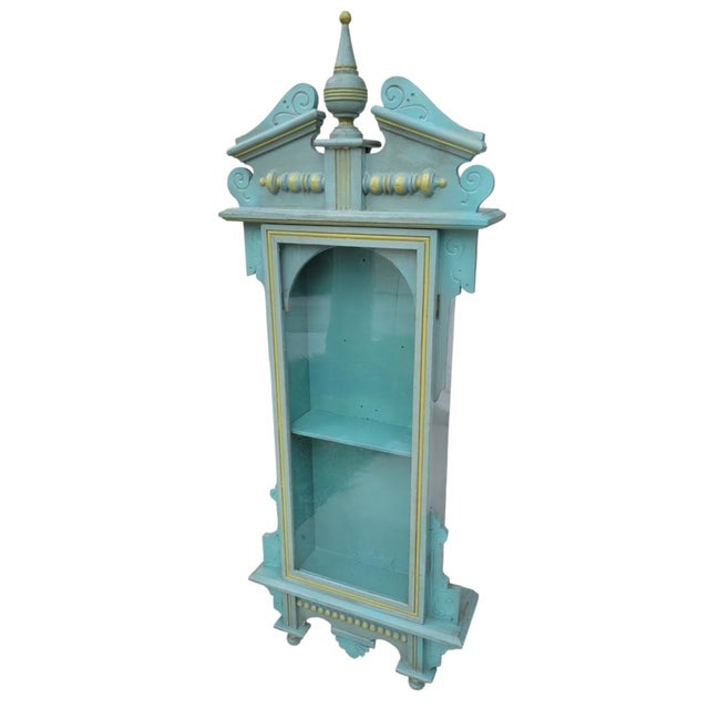 ​Vintage Repurposed Architectural Clock Case Pale Seafoam Blue Curiosity Trinket Cabinet Wall Shelf For Sale - Image 9 of 12