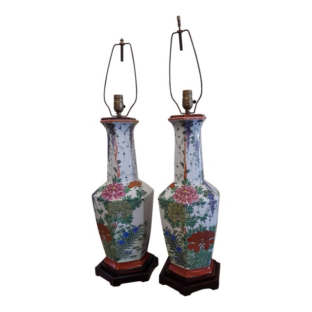 Vintage Tall Porcelain Kutani Lamps - a Pair For Sale