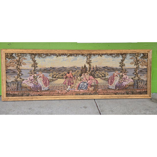 Rococo Large Vintage Framed European Hand Crafted Rococo-Style Needlepoint Tapestry Wall Hanging – Romantic Garden Scene For Sale - Image 3 of 18