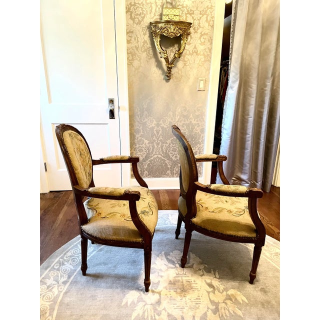 French Louis XVI Style Upholstered Balloon Back Walnut Carved Fauteuil Chairs - a Pair For Sale - Image 3 of 13