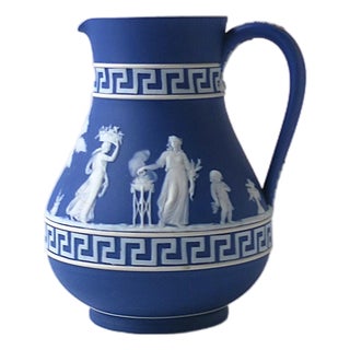 Late 20th Century Wedgwood Jasperware Blue White Pitcher Vase Greek Key Neoclassical English For Sale