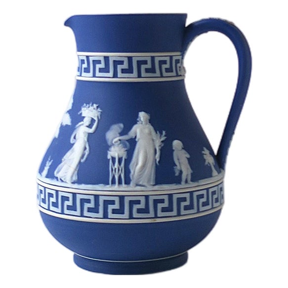 Late 20th Century Wedgwood Jasperware Blue White Pitcher Vase Greek Key Neoclassical English For Sale