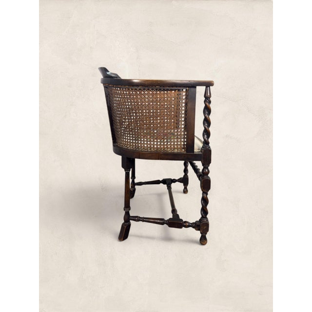 1910s Antique English Oak Caned Tub Chair With Floral Needlepoint Seat, Circa 1910 For Sale - Image 5 of 9