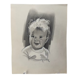 1940s Original Signed Graphite Illustration of Smiling Child Portrait, 10.75 × 8.75 In. For Sale