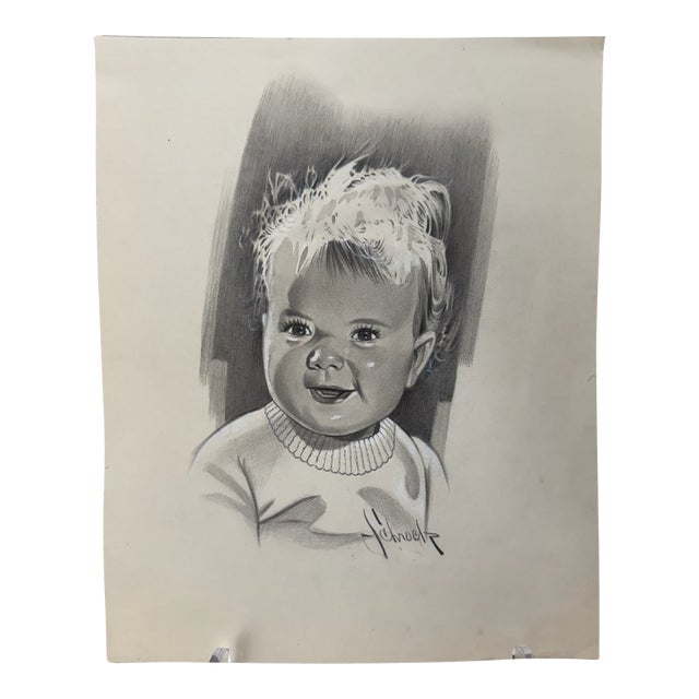 1940s Original Signed Graphite Illustration of Smiling Child Portrait, 10.75 × 8.75 In. For Sale
