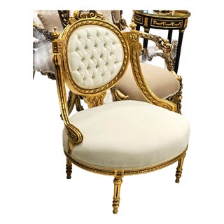 French Louis XVI Style Armchair – Cream Velvet Tufted Chair With Gold Leaf Frame For Sale